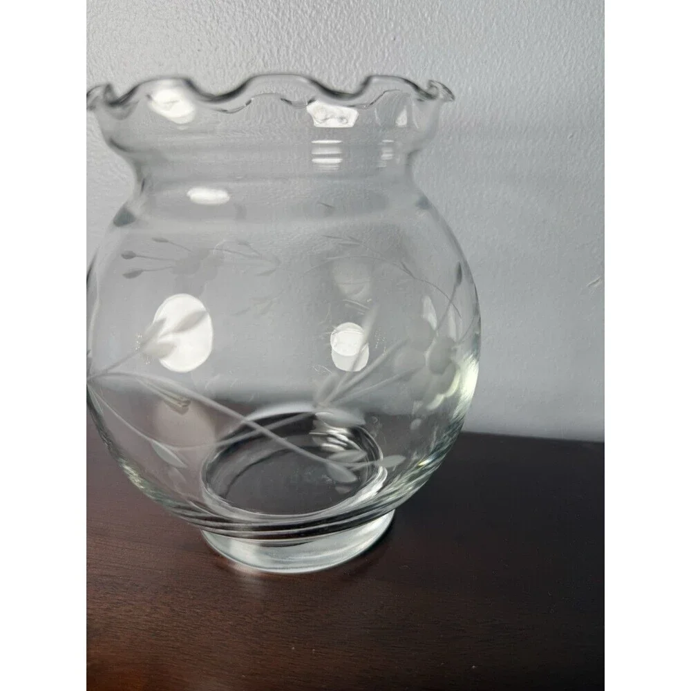 Princess House Heritage Crystal Etched Ruffled Scalloped Rim Vase Vintage 5.5